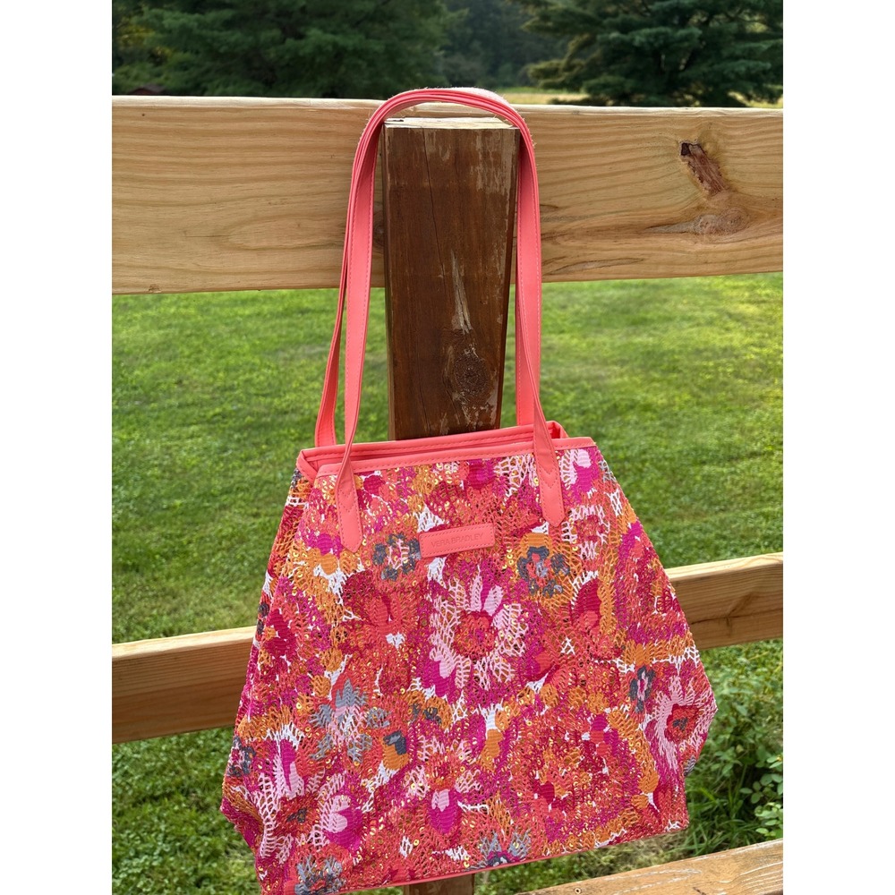 Vera Bradley Floral Lace Sequin Bag Pink Orange Coral Large Tote Shoulder Gold